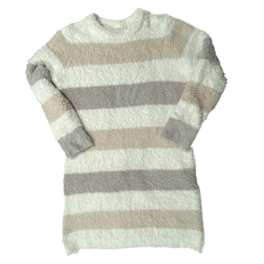 GELATO PIQUE Fuzzy White Sweater M/L Soft Clean Girl Striped Cozy Long Moco Moco